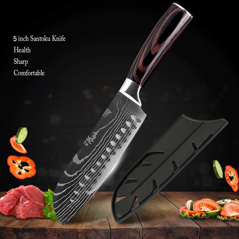 Кухонные ножи  Joom 5-дюймовый нож Santoku, кухонный нож из высокоуглеродистой стали, подходит для нарезки овощей и фруктов 1pcs