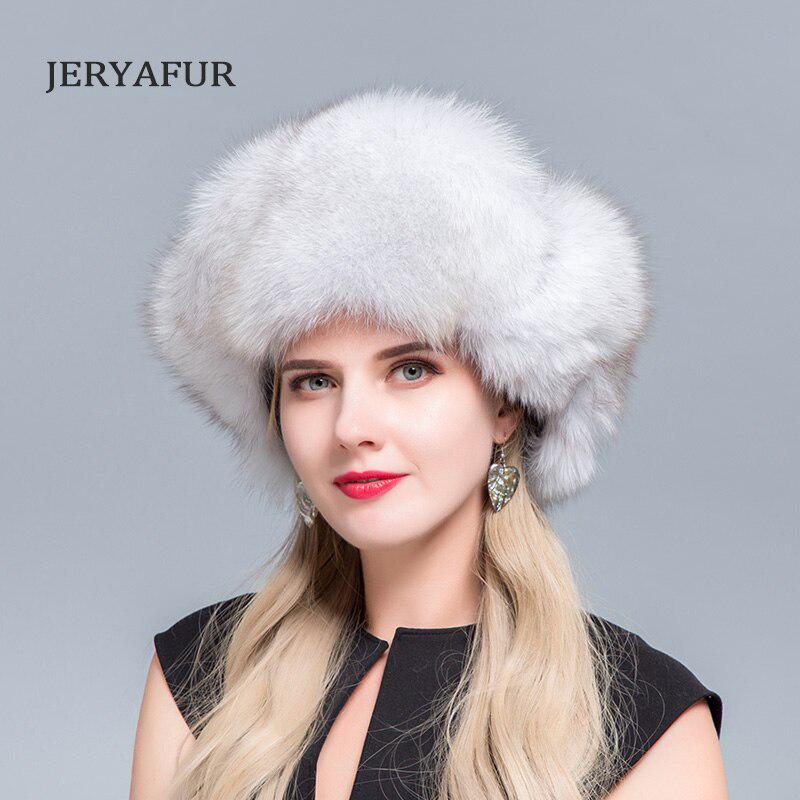 Женская меховая шапка JERYAFUR, Новое поступление, из натурального меха енота, лисы, русская шапка, зимняя толстая теплая модная шапка-бомбер с ушками белый