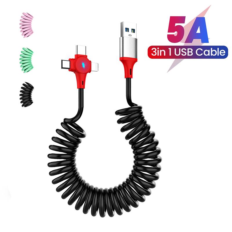 3in1 5A Пружинный зарядный кабель USB Type C Кабель для быстрой зарядки Пружинный кабель для iphone 11 12 13 Кабель Micro USB для Samsung Xiaomi Huawei Data Wire чёрный