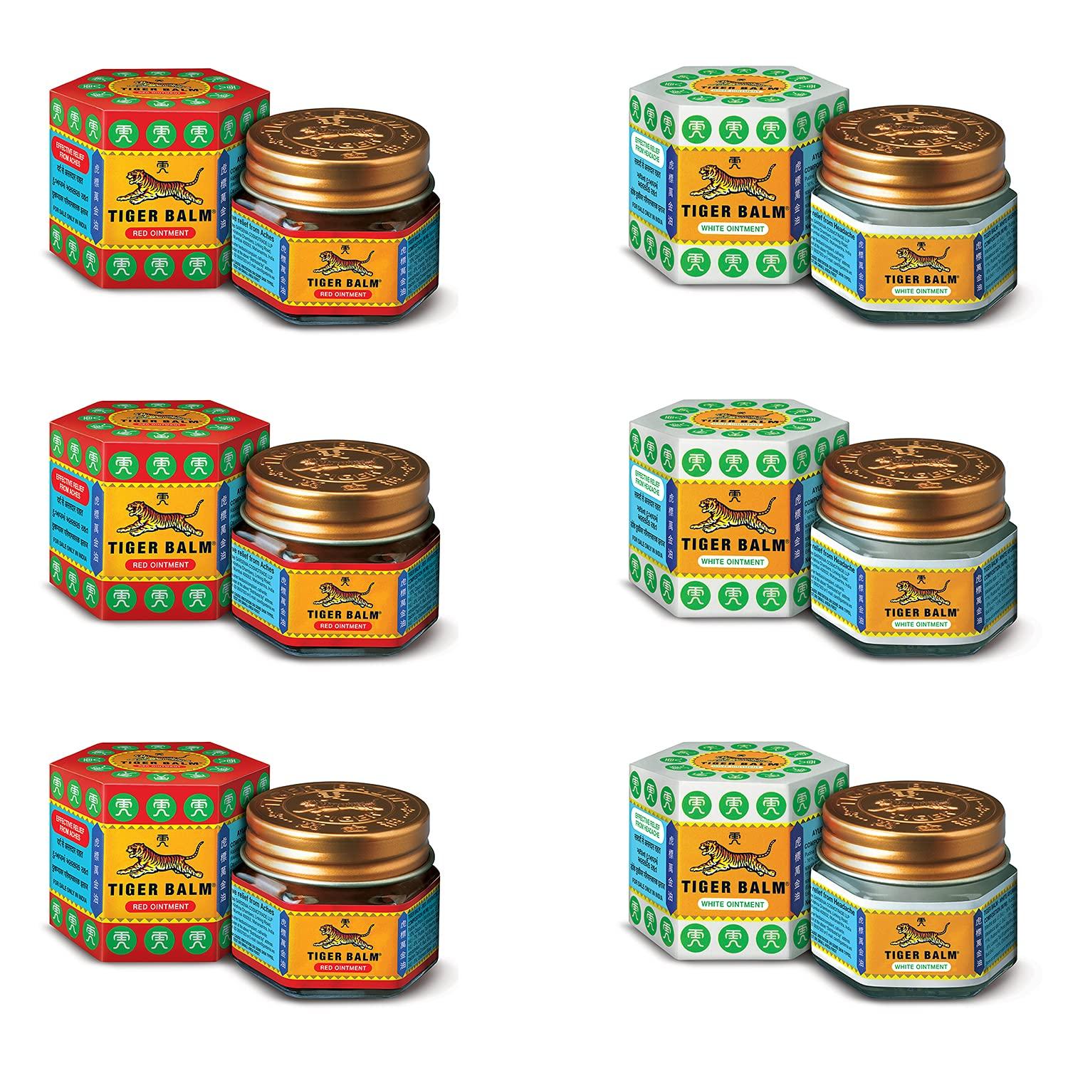 Комбинированная мазь Tiger Balm Red & White для эффективного облегчения растяжений, болей, мышечных болей, головной боли и заложенности носа — 9 мл, упаковка из 6 шт. Pack of 4 (2Red&2White)