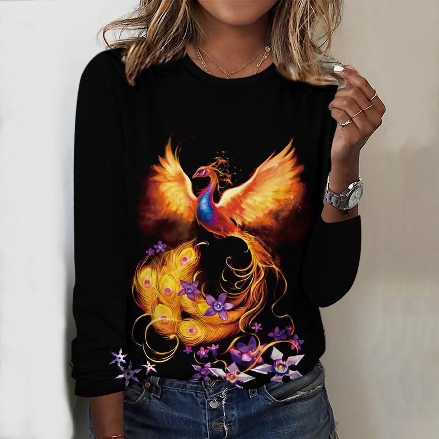 Топы для женщин Bathing Fire Phoenix Print Round Neck Long Sleeve T Shirt Fall Casual Slim Pullover Women s Long Sleeve Top XS фиолетовый