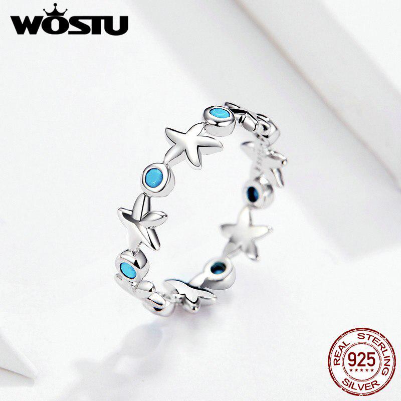 WOSTU Sea Beach Кольцо с морской звездой из 100% стерлингового серебра 925 пробы с синим цирконом для женщин 6