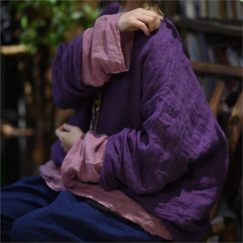 Johnature Модная винтажная однотонная свободная повседневная футболка женская весенняя футболка в китайском стиле с круглым вырезом и длинными рукавами One Size синий