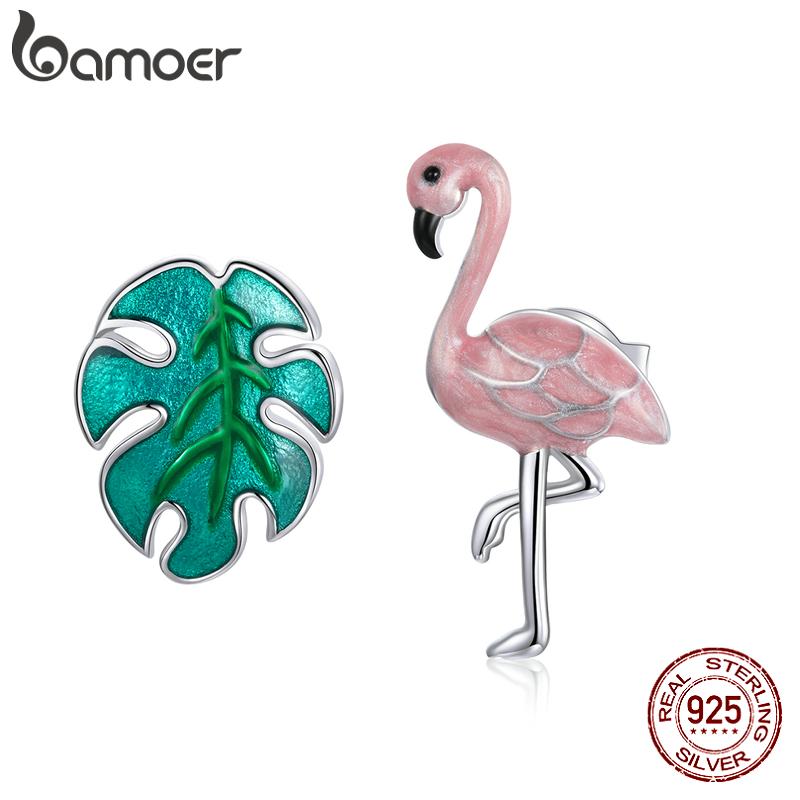 Серьги-гвоздики BAMOER из стерлингового серебра 925 пробы с фламинго и листьями, свежие серьги-гвоздики для девочек, ювелирные изделия 925 silver
