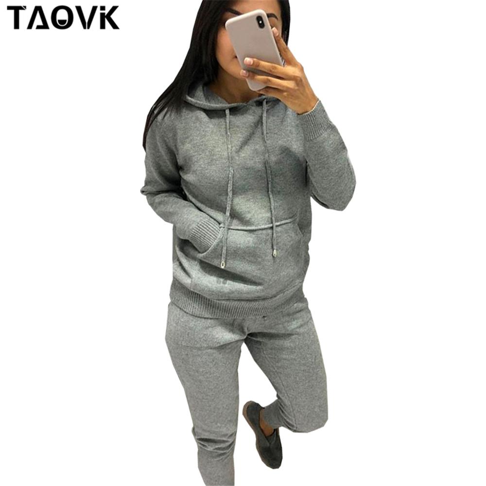 TAOVK осенне-зимние женские вязаные костюмы, однотонный вязаный комплект с капюшоном и большим карманом One Size серый