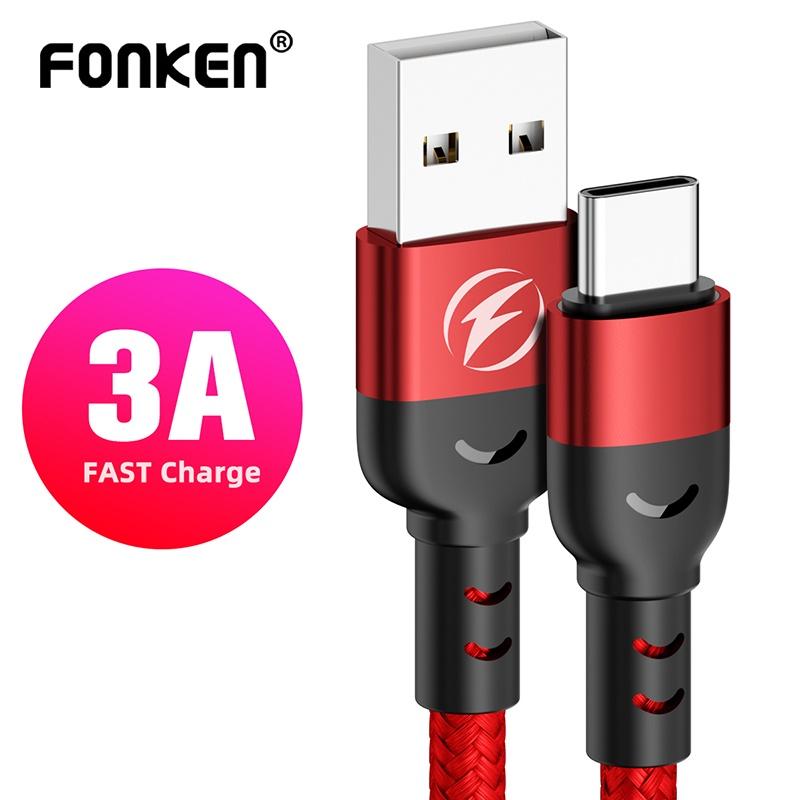 Зарядный кабель FONKEN USB-A to Type-C 3A, шнур для быстрой зарядки данных для Xiaomi Poco M3 X3 NFC F2 Mi 11 9 Samsung Huawei OPPO 0,5 м/1 м/2 м 0.5m красный