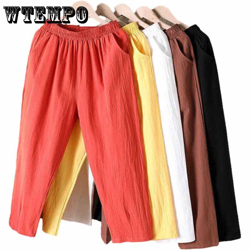WTEMPO M-XXXXL хлопковые льняные брюки женские весенне-летние свободные повседневные брюки с эластичной резинкой на талии XXXXL белый