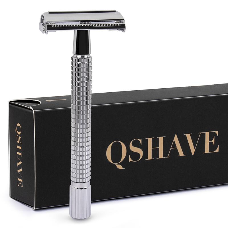 Qshave Double Edge Безопасная бритва с длинной ручкой Butterfly Open Классическая безопасная бритва серебристого цвета, 1 ручка и 5 лезвий серебряный