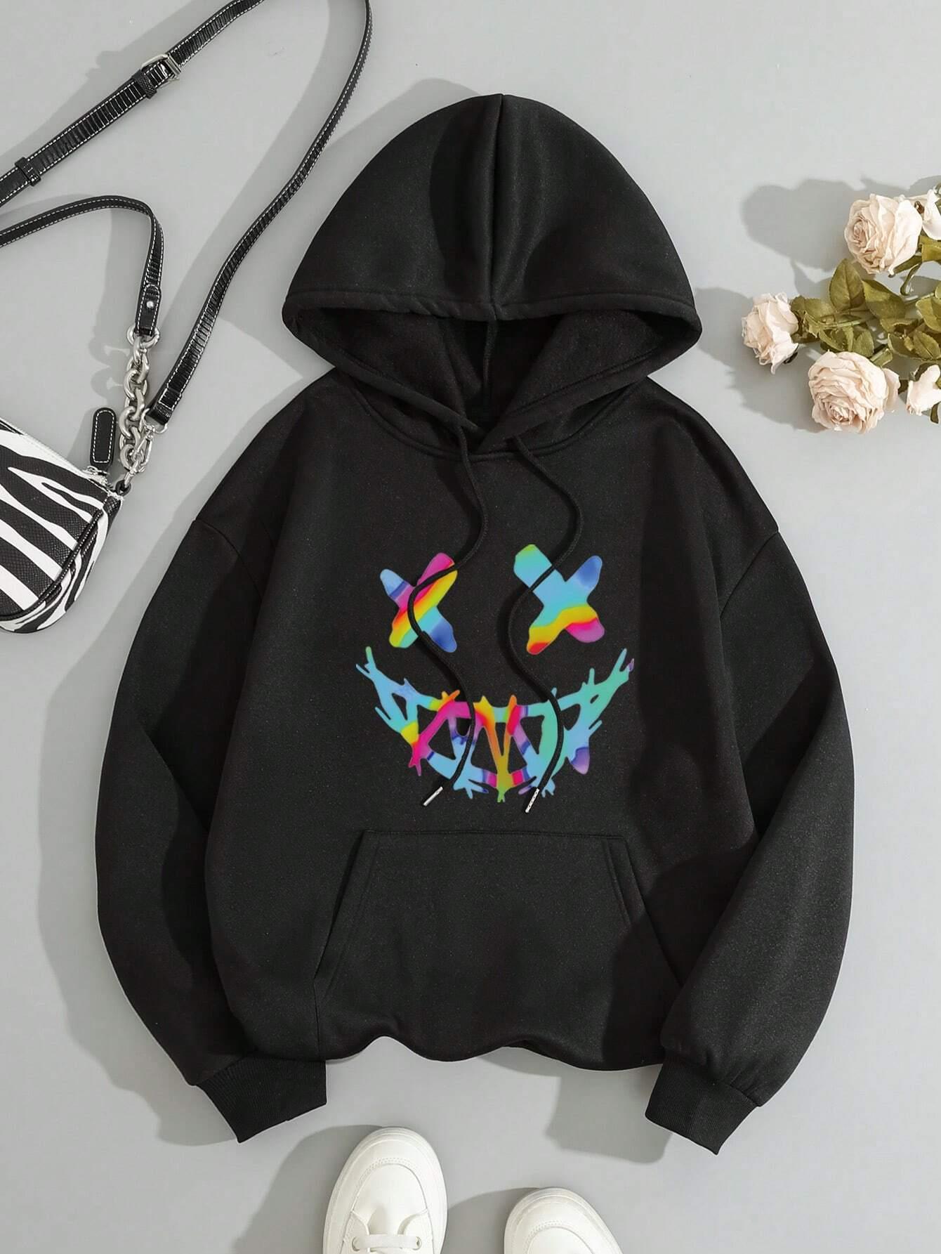 Street Rainbow Ghost Face Smile Женская толстовка с капюшоном Harajuku Свободная толстовка Модная флисовая теплая толстовка с капюшоном Винтажная осенняя с круглым вырезом S