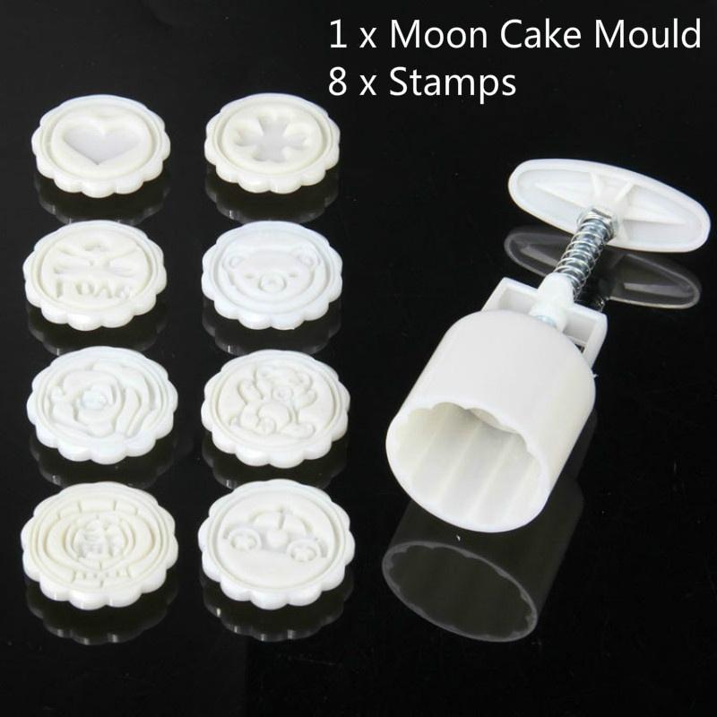 8 шт./1 компл., форма для изготовления лунного торта, ручное давление с Mooncake, 8 штампов, цветы, круглые мотивы, бисквитная моль