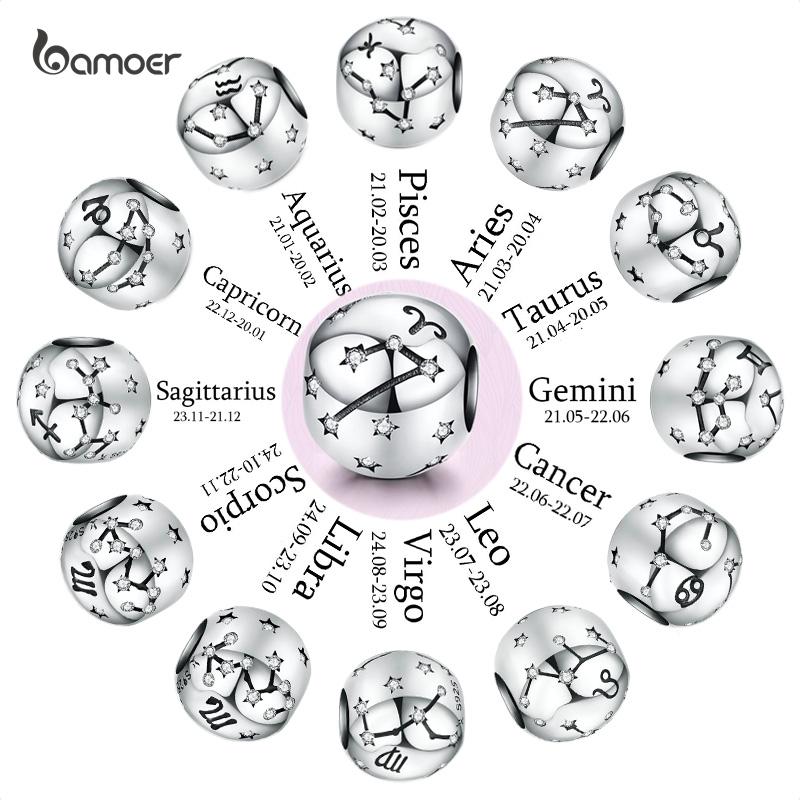 BAMOER Круглые шармы из стерлингового серебра 925  Знаки зодиака Aries серебряный