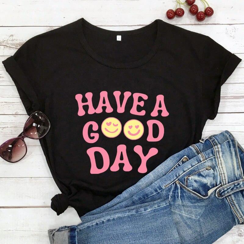 HAVE GOOD DAY Яркая футболка с принтом Happy Face, модная футболка Positice, женская модная повседневная футболка в стиле гранж, винтажный топ S чёрный