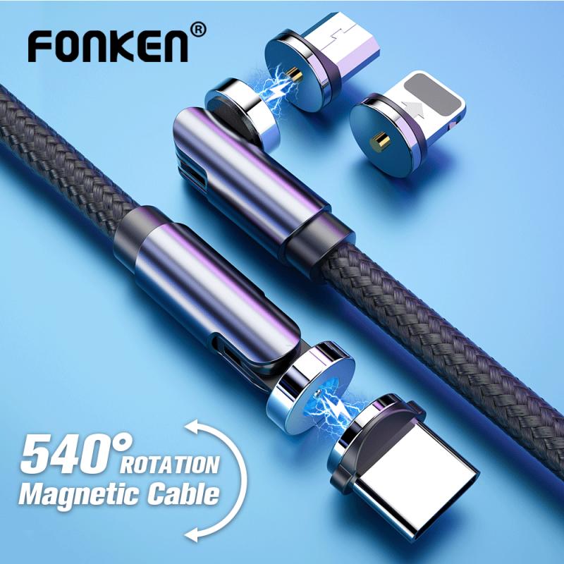 Вращающийся магнитный кабель FONKEN 540o, магнитный зарядный кабель Micro USB, вращающийся магнитный кабель USB Type C для iPhone, Xiaomi, Samsung, шнур 1M Cable+Micro USB Plug чёрный