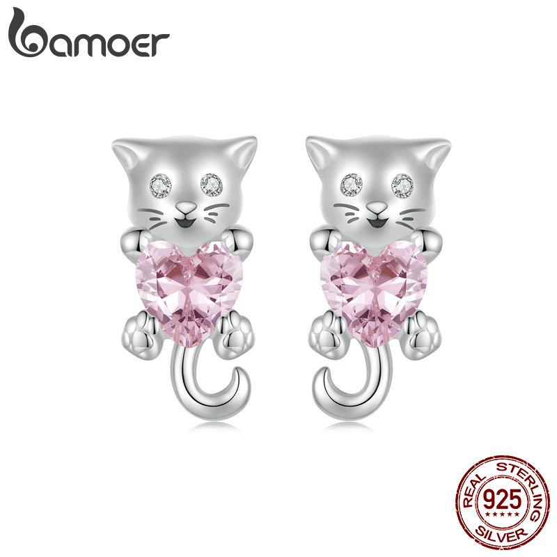 BAMOER Solid 925 Sterling Silver Dainty Cat Stud Earrings - Гипоаллергенные минималистичные милые серьги-гвоздики в виде животных для женщин и девушек, ювелирные украшения 9*5mm серебряный/розовый