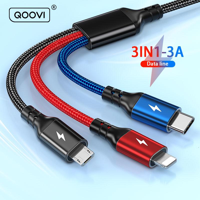 QOOVI Кабель для быстрой зарядки 3 в 1, Micro USB/Type-C/Lightning 1.2M чёрный
