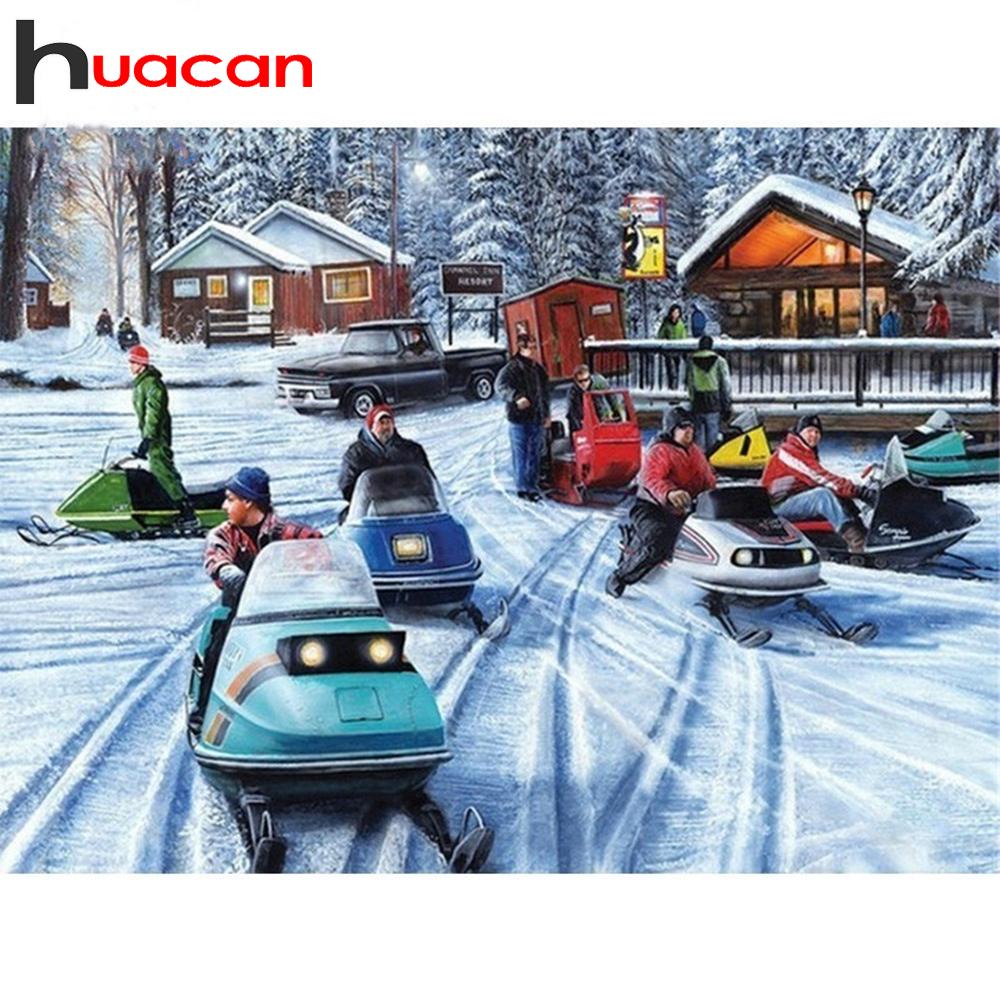 Алмазная вышивка HUACAN, распродажа, 5D DIY, алмазная живопись, полная квадратная дрель, снегоходы, картина со стразами, зимний декор для дома Full Square 20*30 cm