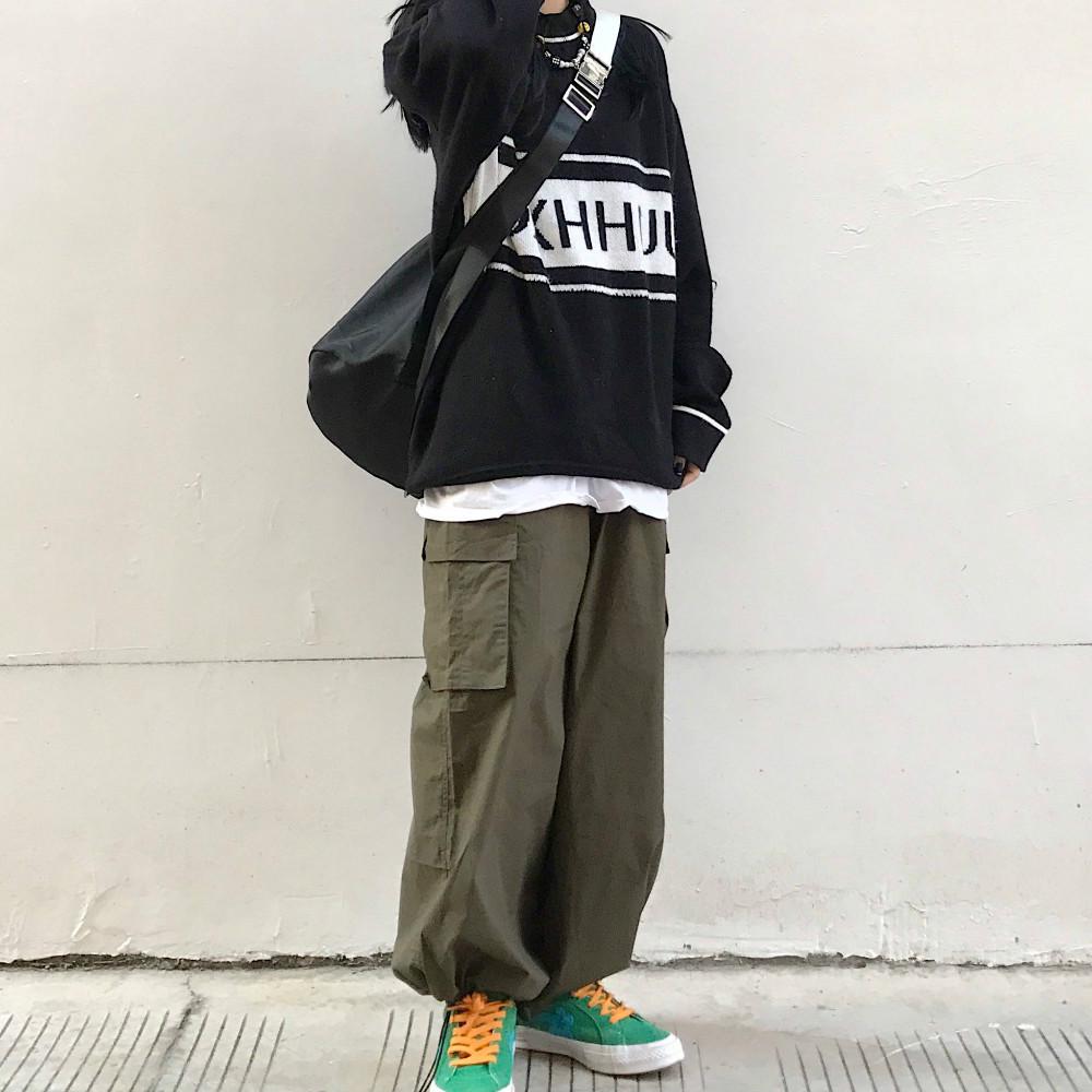 Pofulove Осень Зима Корейский Harajuku BF Алфавит Жаккардовый Вязаный Свитер Женский Свободный Дикий Куртка XL чёрный
