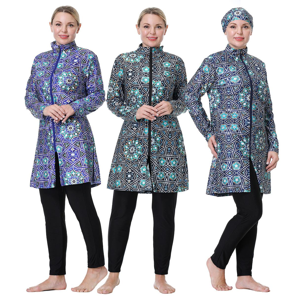 3XL-8XL женский мусульманский купальник с полным покрытием и цветочным узором на молнии, женский купальный костюм, удобный высокоэластичный комплект из 3 предметов, пляжная одежда 3XL