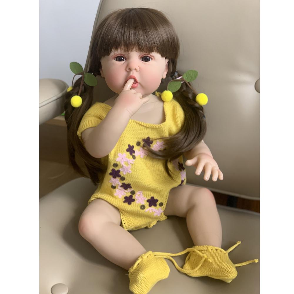 Реалистичная кукла Reborn для маленьких девочек с коричневыми длинными волосами, полностью силиконовый корпус, 55 см, 22 дюйма, реалистичная принцесса для малышей Bebe