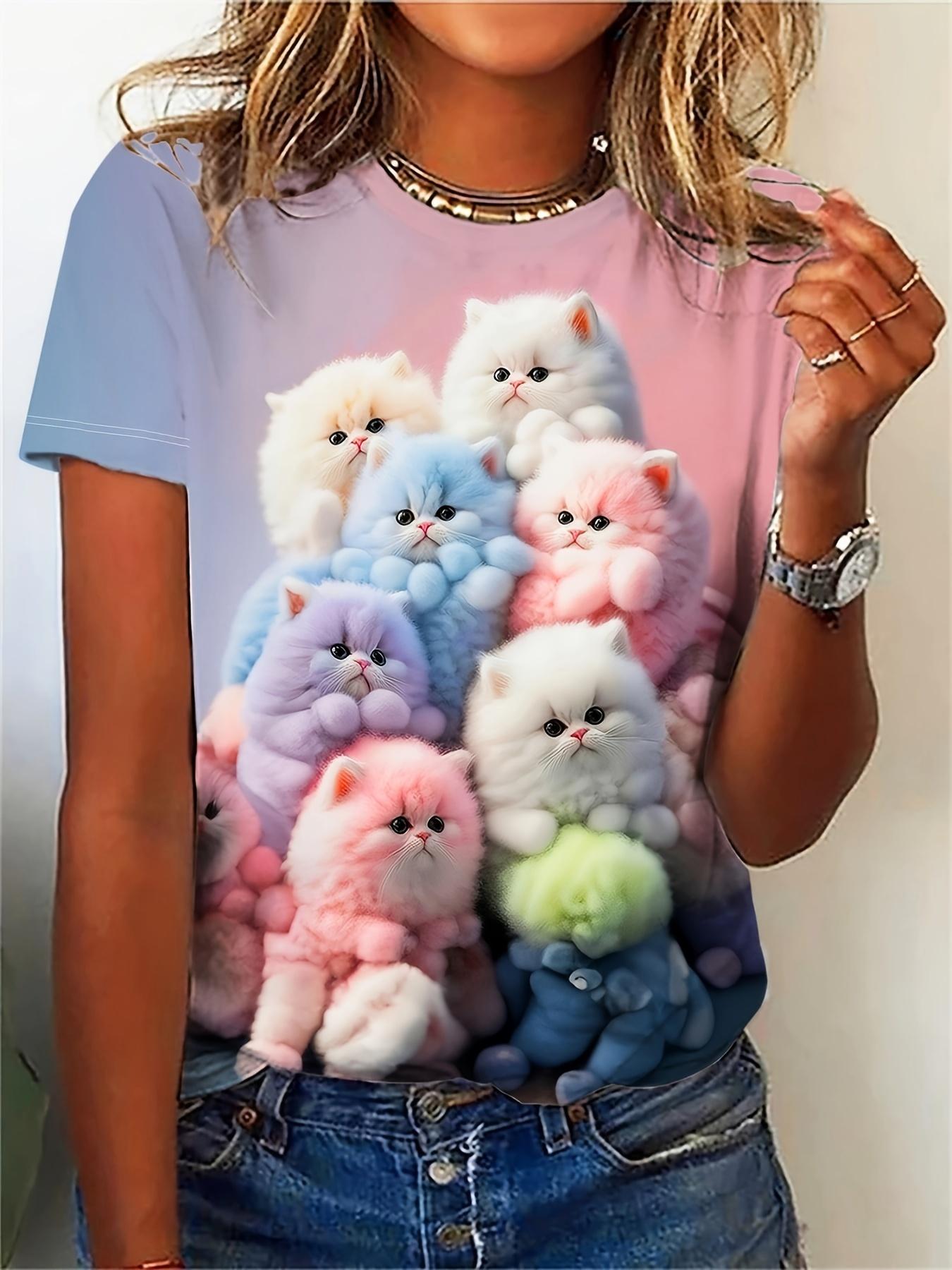 Новая женская футболка с принтом Kawaii Sweet Cat 3D, повседневная модная футболка с круглым вырезом и коротким рукавом XS