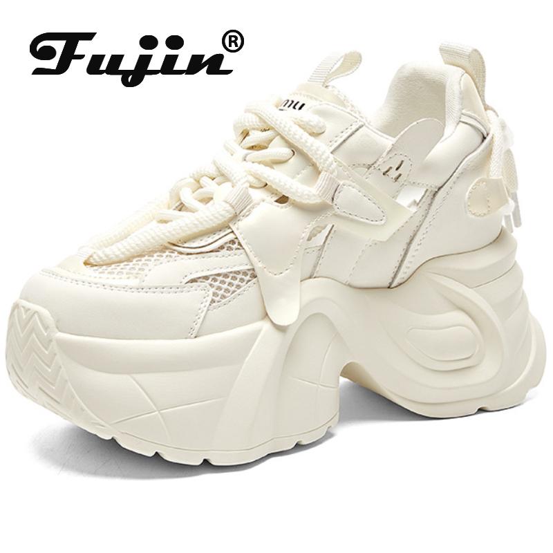 Fujin/9 см сетчатые кроссовки из натуральной кожи на вулканизированной танкетке, массивные кроссовки на танкетке, повседневные дышащие летние женские модные туфли на платформе, женская обувь 33 белый