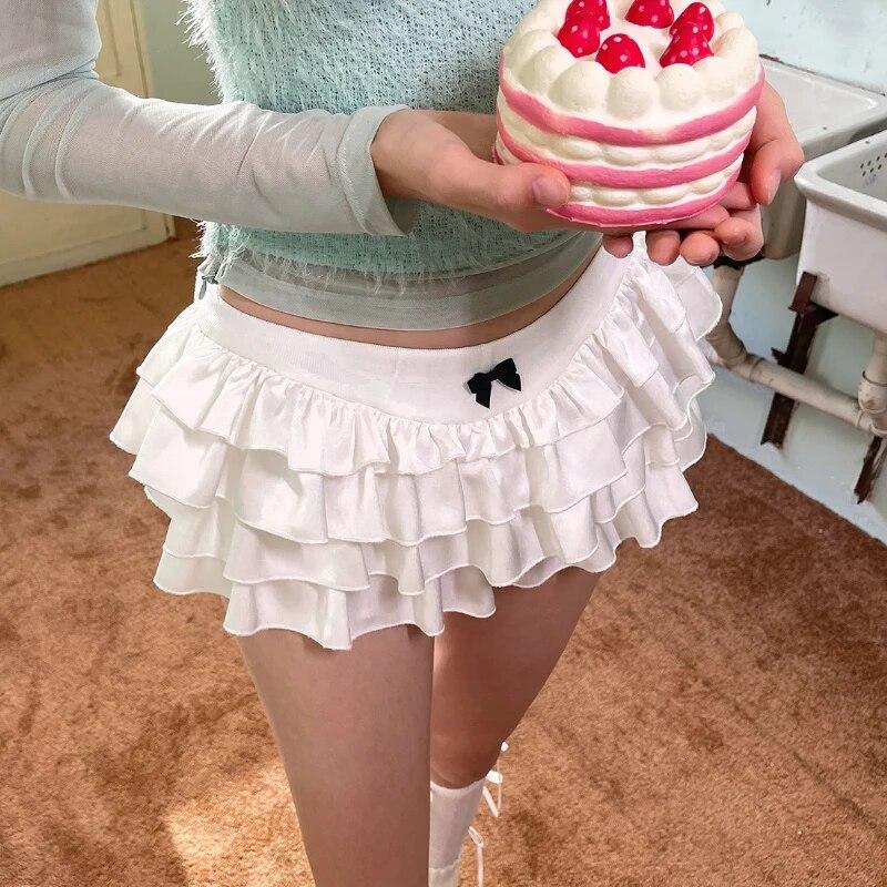 Y2k Kawaii, милая белая мини-юбка с оборками и тортом, женская тонкая юбка с бантом, летняя юбка трапециевидной формы с эластичной резинкой на талии, уличная одежда для выхода в свет S белый