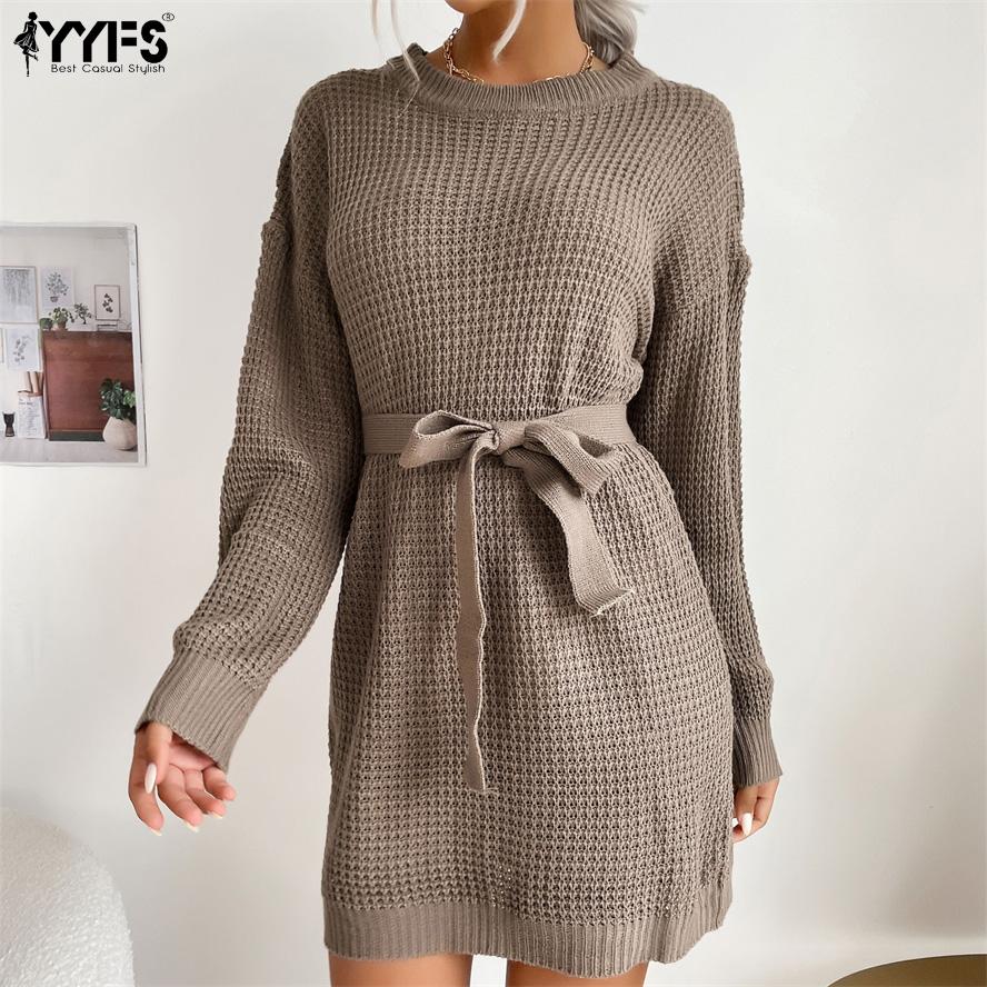 Платья YYFS женские модные повседневные однотонные свитера с круглым вырезом и осенне-зимним принтом с длинными рукавами S коричневый