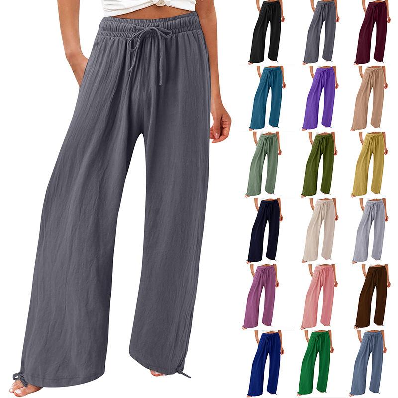 Штаны  Joom (S~5XL) Женские однотонные широкие прямые брюки с рюшами и эластичной резинкой на высокой талии, длинные брюки, летние повседневные свободные дышащие легкие мягкие удобные брюки большого размера S чёрный