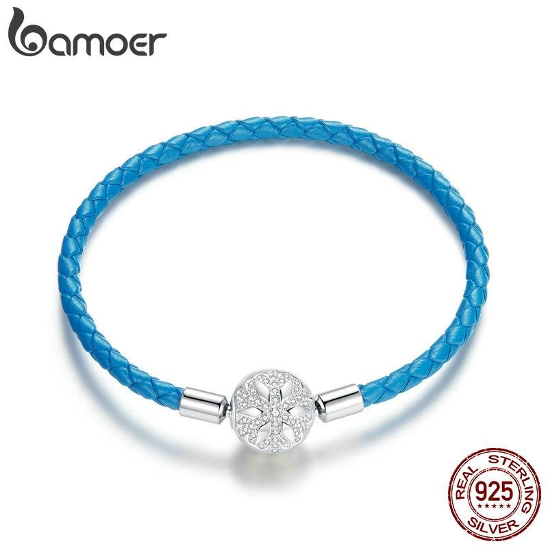 Bamoer из стерлингового серебра 925 пробы, зажим Snowflke с синим кожаным браслетом для подвески, браслета «сделай сам», ювелирных изделий 17