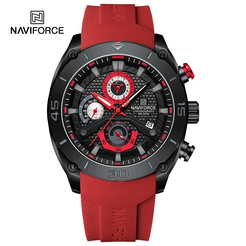 Часы NAVIFORCE для мужчин, водонепроницаемые спортивные резиновые наручные часы с хронографом 8038 250mm серебряный/чёрный