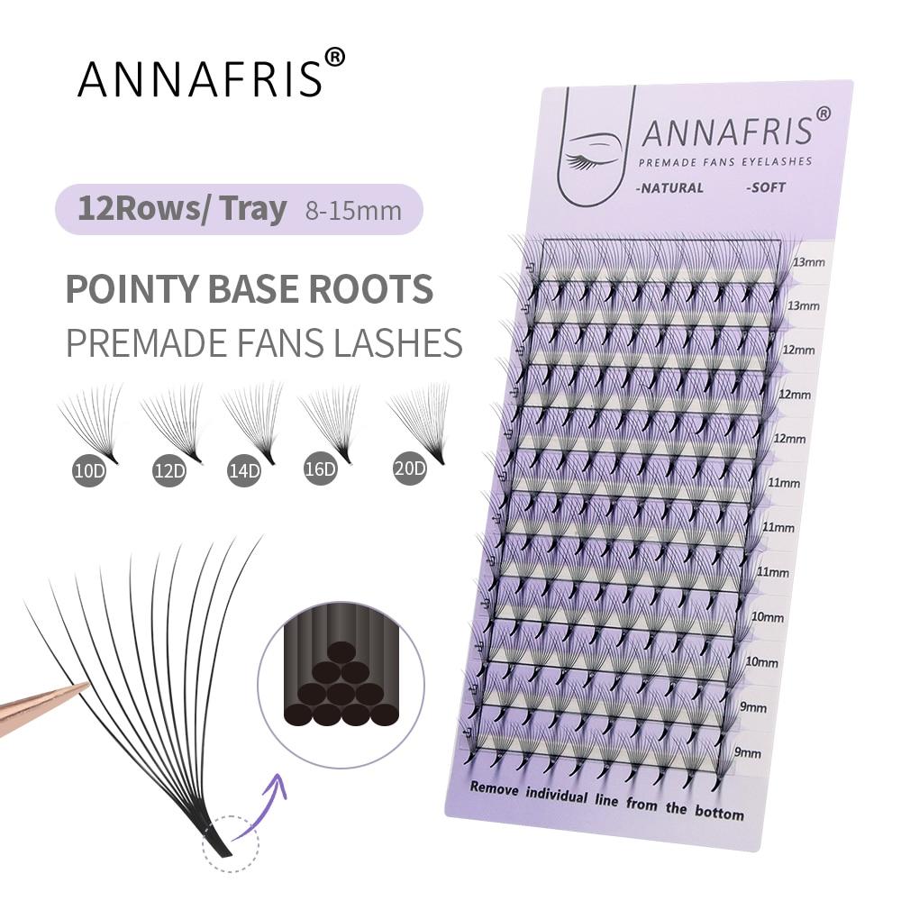ANNAFRIS 10D 12D 14D 16D 20D Готовые веерные наращивание ресниц Тонкие заостренные корни с русыми объемными ресницами Мягкие натуральные накладные ресницы 10D 0.05mm C 8-15mm MIX чёрный
