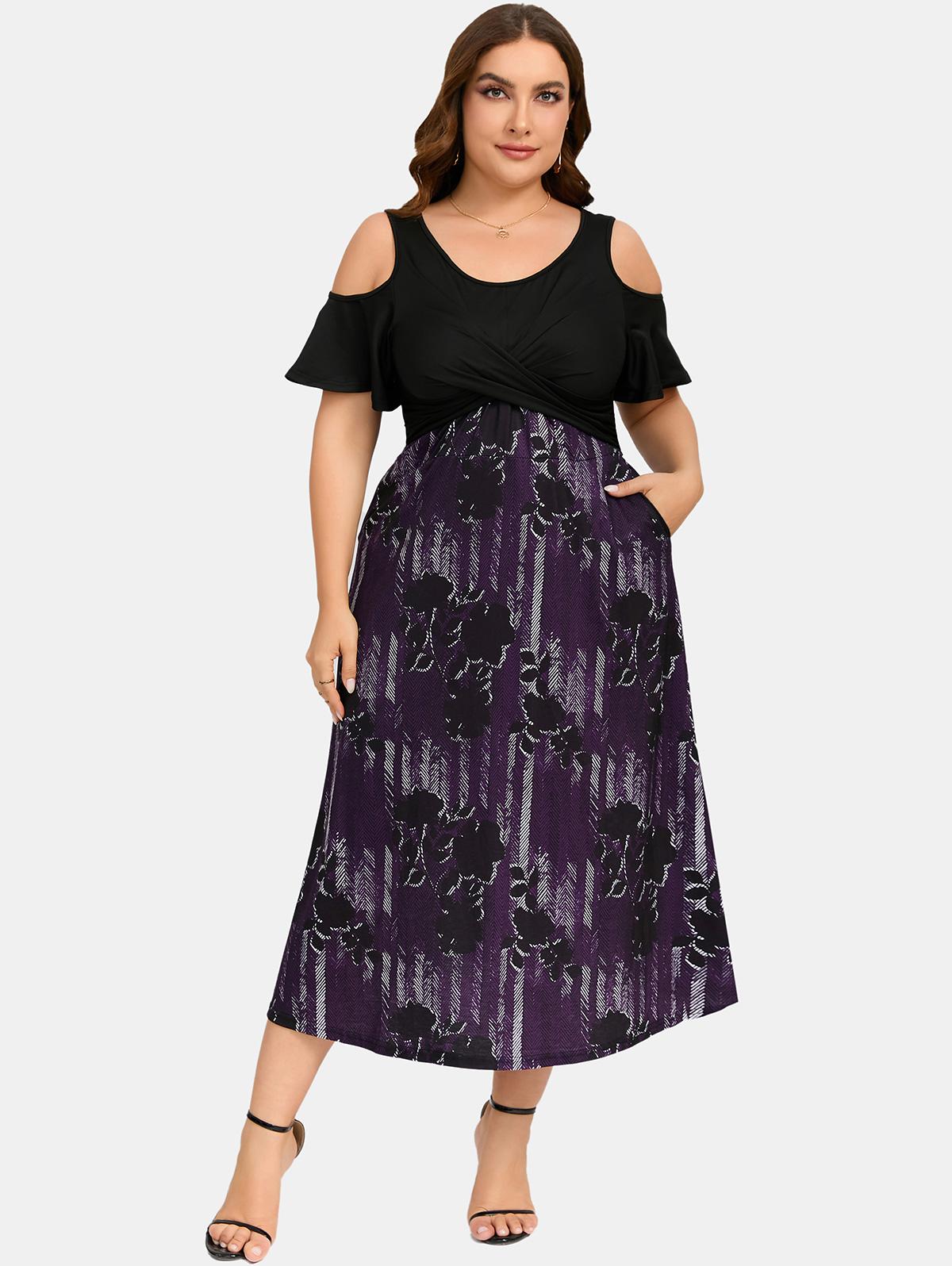 Платье Rosegal Plus Size Twist с цветочным принтом и открытыми плечами 3XL фиолетовый/глубокий