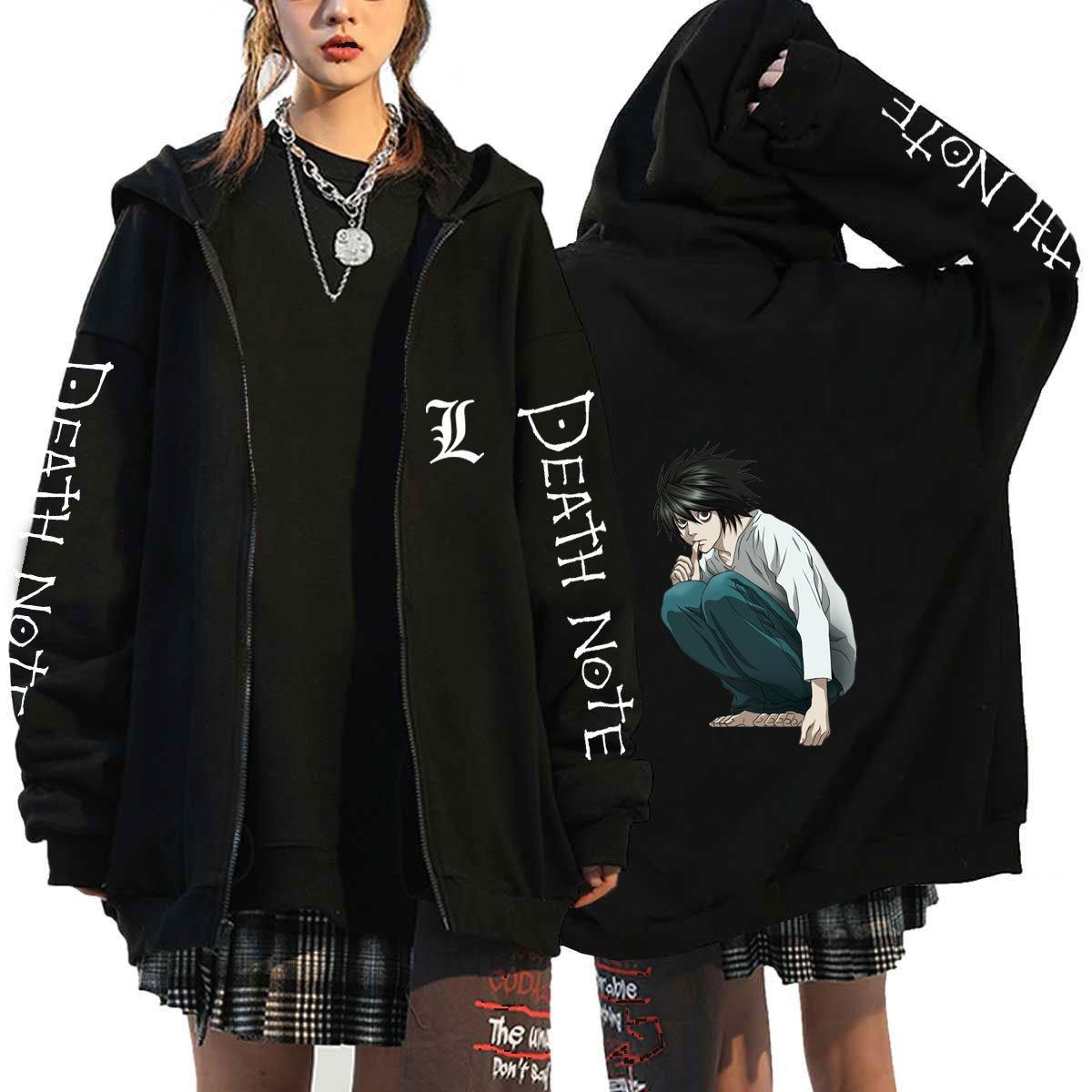 Death Note Harajuku Аниме Пальто на молнии Толстовки Мужские куртки Повседневная Свободная с капюшоном на молнии Манга L Lawliet Топы с принтом Толстовка Унисекс Пара Уличная одежда S