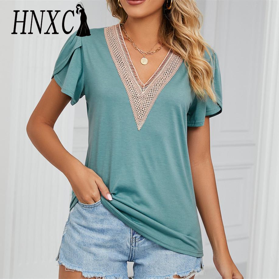 HNXC Женские модные повседневные летние однотонные блузки и рубашки с короткими рукавами и v-образным вырезом с принтом S чёрный
