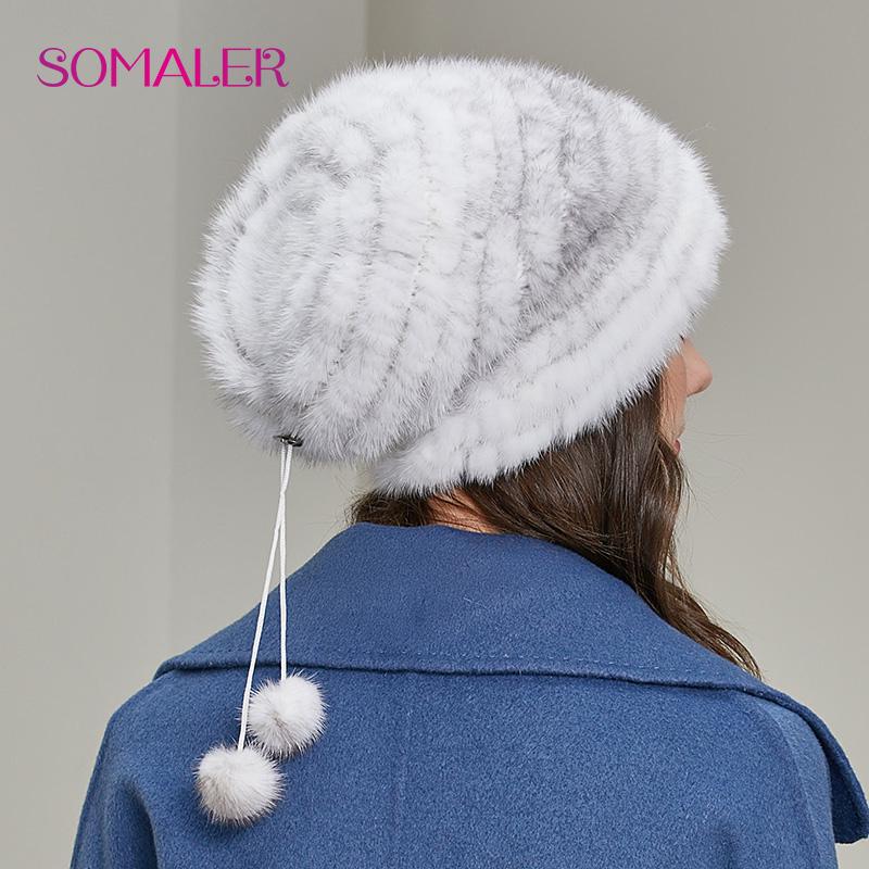 Зимние женские шапки из норки SOMALER, теплая свободная повседневная шапка с напуском для девочек, для холодной погоды чёрный