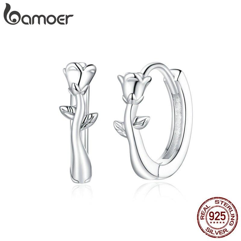 Bamoer серьги-кольца из стерлингового серебра 925 пробы с цветущей розой и веткой розы для женщин, крошечные серьги-кольца для свадьбы и помолвки 925 silver