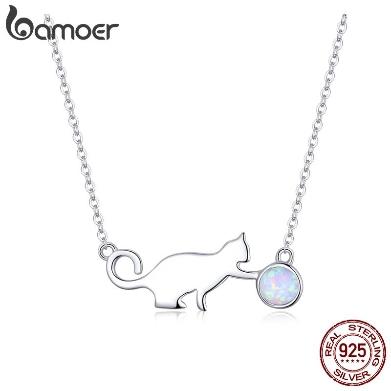 Женское ожерелье-цепочка BAMOER из стерлингового серебра 925 пробы Naughty Pussy Cat с шариком и опаловым звеном Necklace