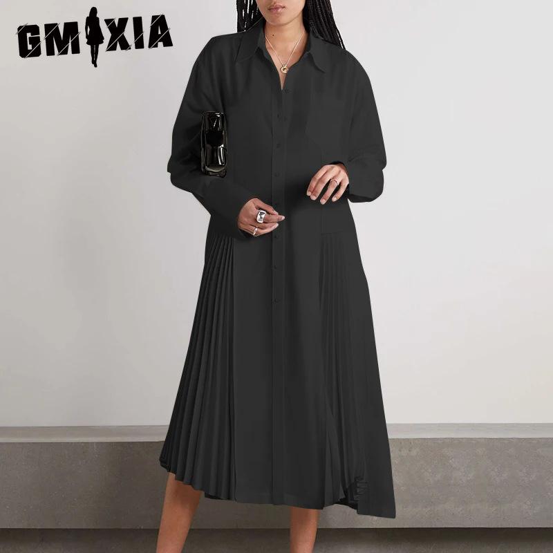 GMXIA Женские модные летние весенние однотонные повседневные платья с длинными рукавами и воротником-поло с принтом S чёрный