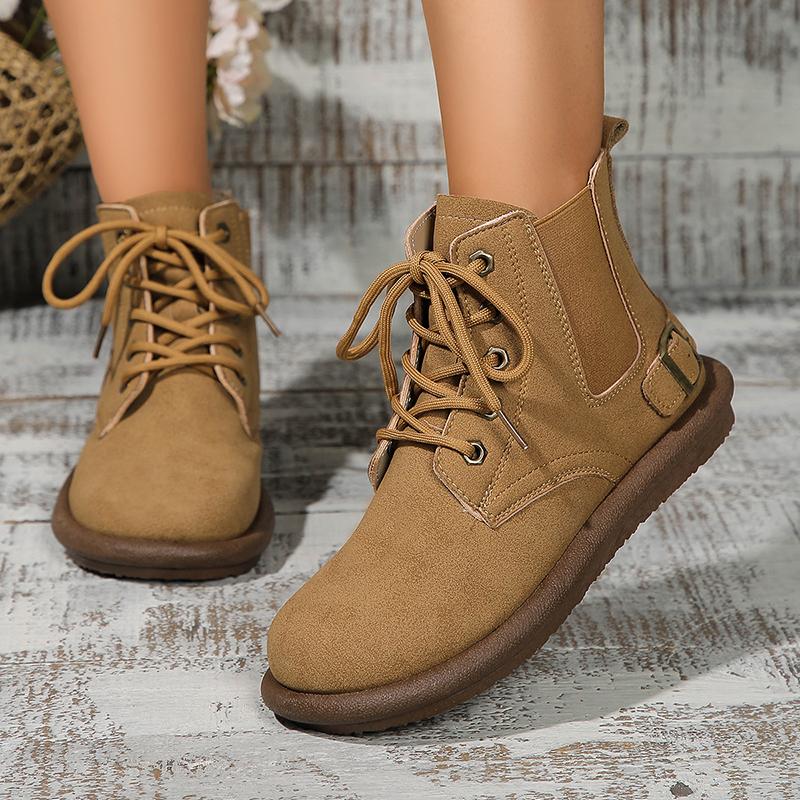 fashion Fashion Solid Lace Up Womens Short Boots Outdoor Buckle Decoration Anti-Slip Ankle Boots Pu Leather Autumn Round Toe Wear Boats 35 чёрный