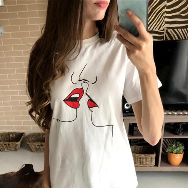 RUGOD Лето Kawaii Red Kiss Print Harajuku Женская повседневная белая футболка с круглым вырезом и коротким рукавом Топы L белый