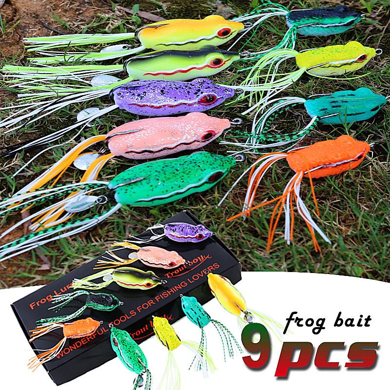 Приманка для лягушки Topwater, набор мягких рыболовных приманок, 9 шт., с коробкой для снастей для окуня, щуки, змееголова, рыбы-мускуса 9pcs&box