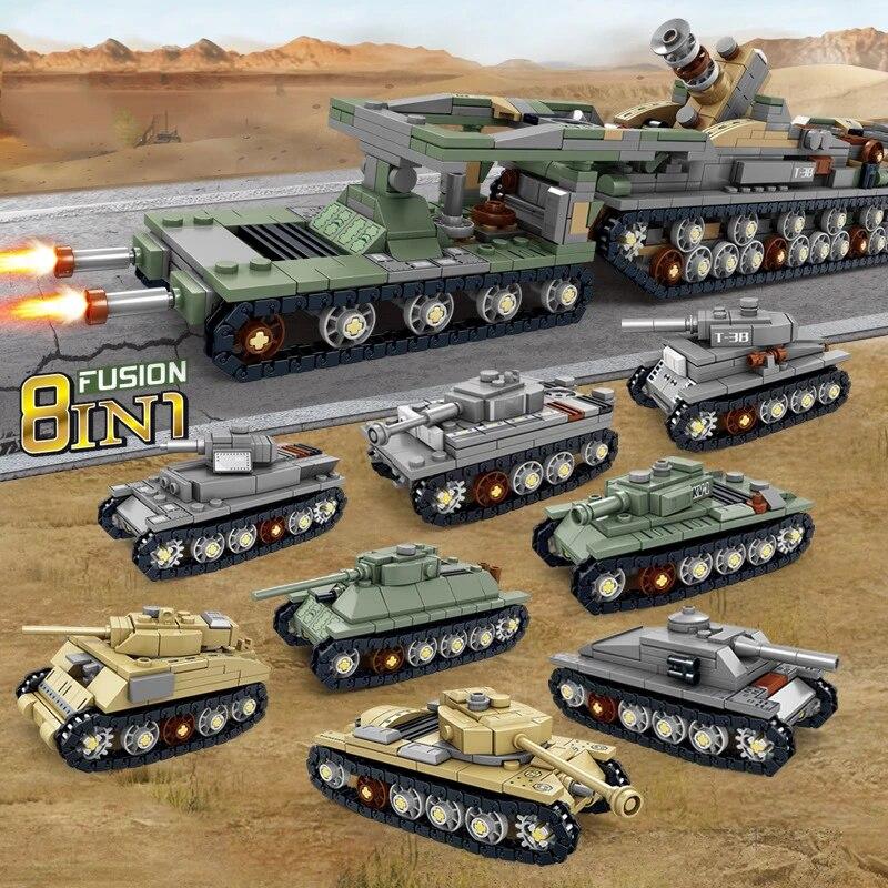 WW2 Военная серия 8-в-1 артиллерийский танк бронеавтомобиль DIY аксессуары собирать украшения строительные блоки кирпичи игрушки подарки