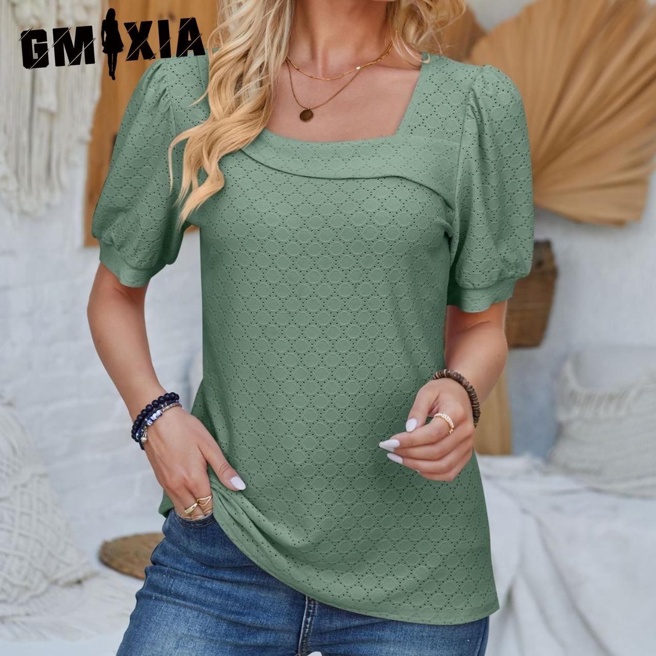 GMXIA женская модная повседневная летняя весенняя однотонная свободная футболка с короткими рукавами и круглым вырезом с пышными рукавами, блузки и рубашки S розовый