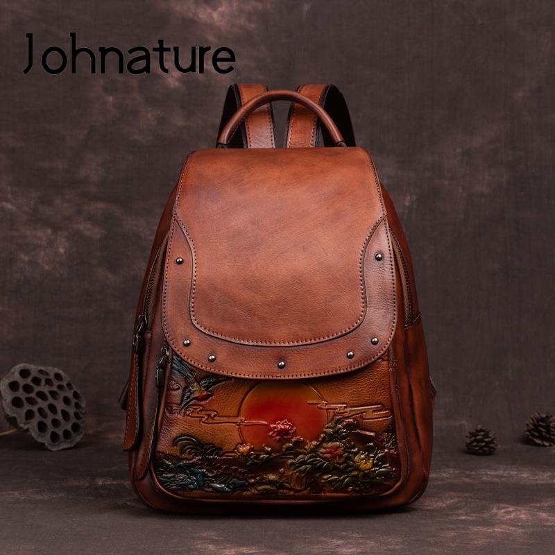 Johnature винтажный тисненый большой вместительный женский рюкзак из натуральной кожи, сумки для отдыха из натуральной мягкой яловой кожи, дорожные сумки кофейный