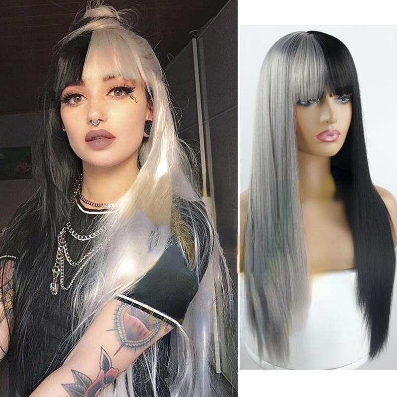MISS WIG Полуцветные волосы Серые и черные длинные прямые волосы с челкой Модный парик для женщин sale розовый/чёрный