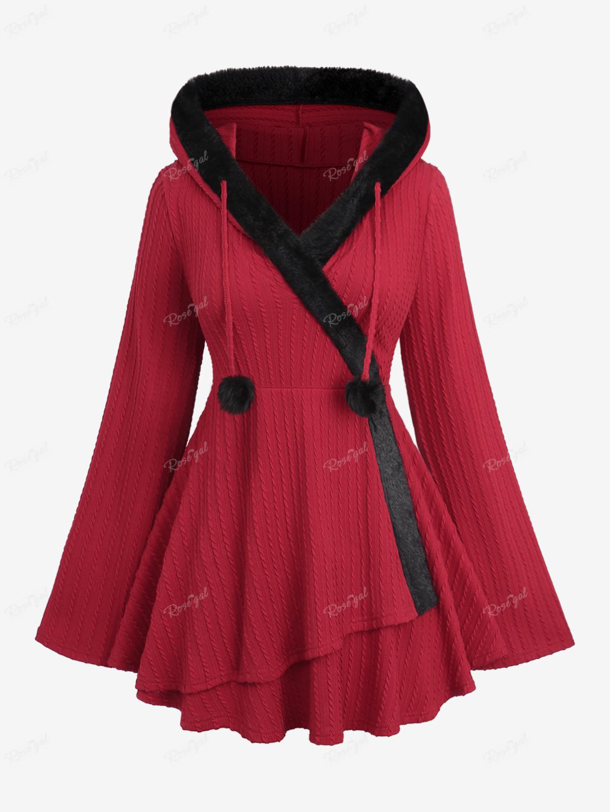 Rosegal Plus Size Меховая отделка вставка пушистый шарик шнурок текстурированный асимметричный длинный рукав капюшон вязаный свитер L глубокий/красный