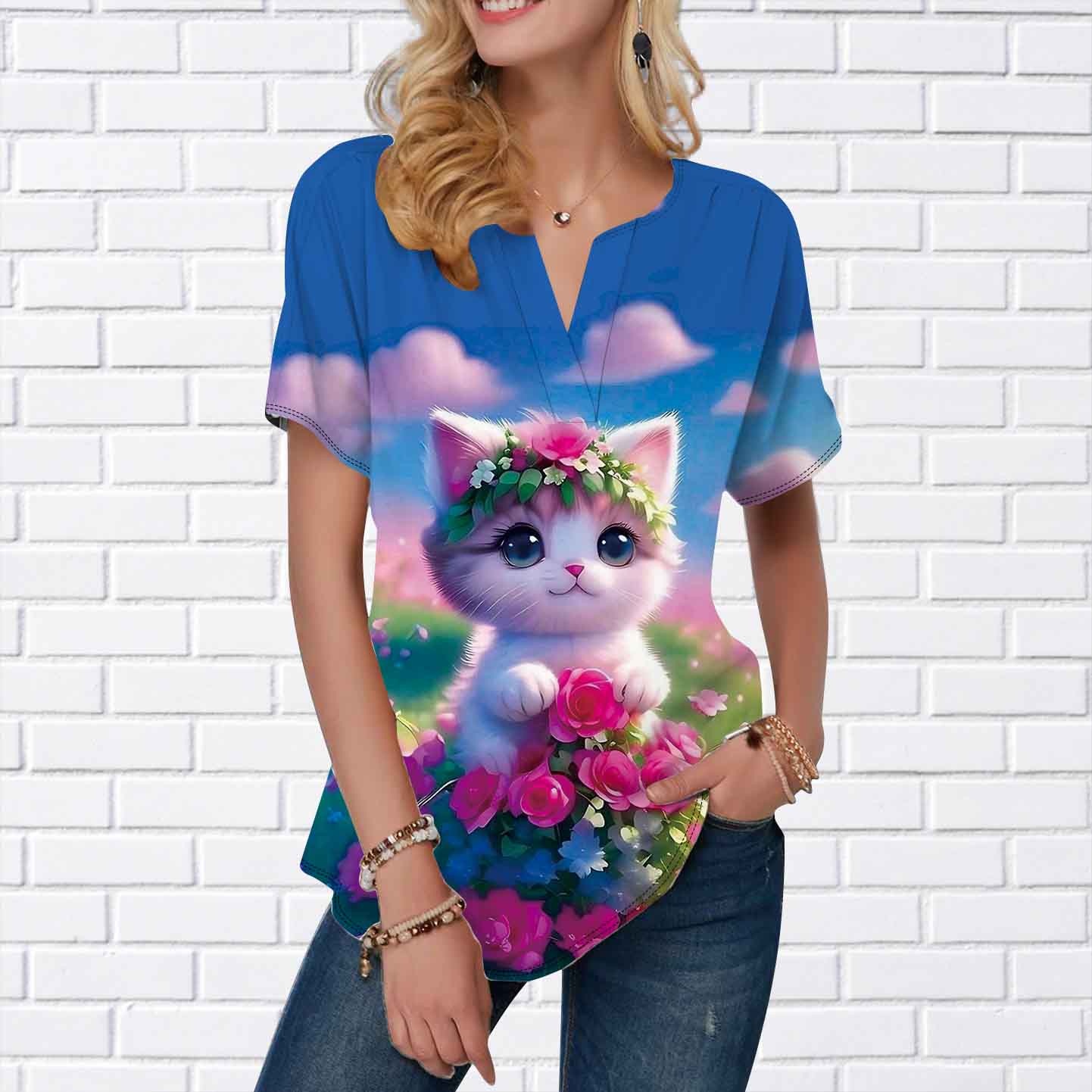 Женская летняя футболка с принтом Cat Garden, футболки с короткими рукавами, повседневные топы с принтом, небольшой V-образный вырез, короткие рукава XS синий