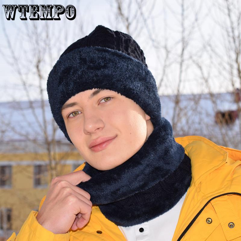 WTEMPO 2 шт., пара однотонных теплых зимних шапок с меховой подкладкой, высококачественные утепленные шапки, классические вязаные шапки, шейный платок 54cm-62cm чёрный
