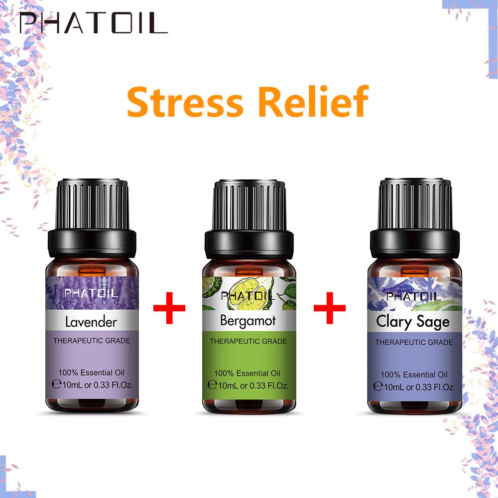 PHATOIL 3 шт., чистый растительный экстракт, эфирное масло для снятия стресса, лаванда, бергамот, мускатный шалфей, 10 мл, водорастворимое масло, освежающее воздух, облегчает тело Stress Relief