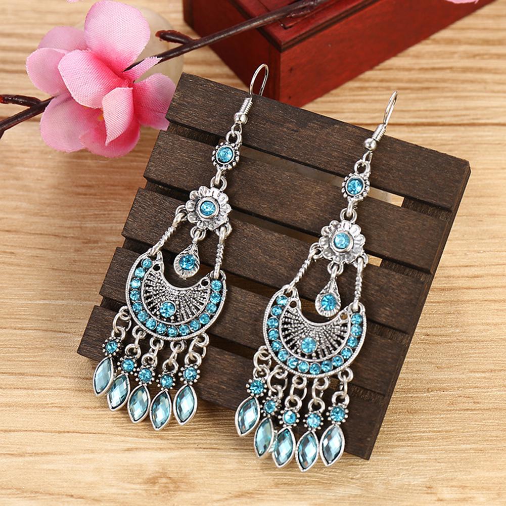 2T Jewelries Богемные женские горный хрусталь Полумесяц Длинная бахрома Крючок Серьги Ювелирный подарок красный